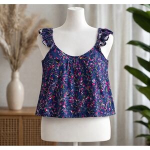 NWT French Connection Blue Floral Ruffle Strap Tankini‎ Swim Top Womens Medium